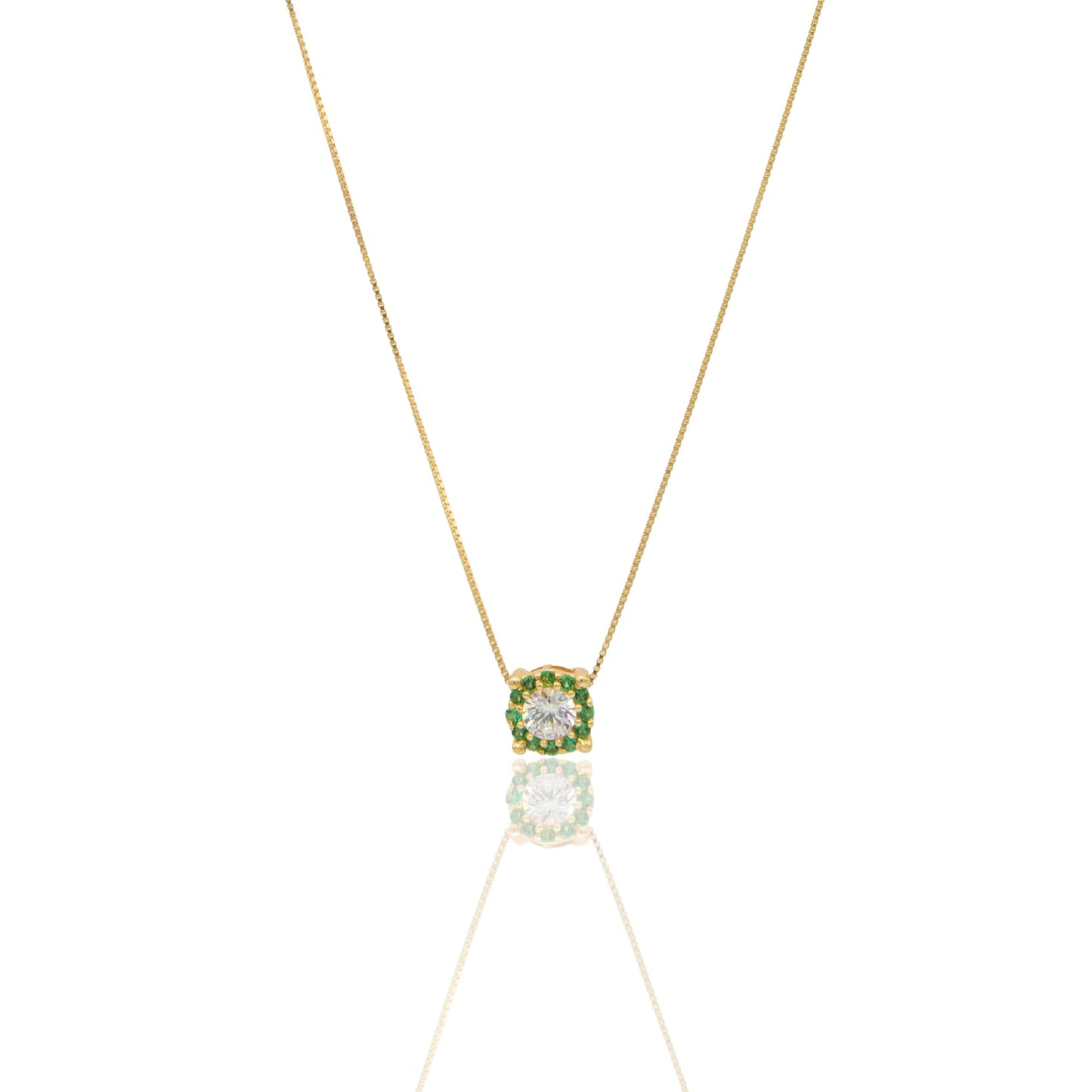 Collana Oro Giallo Oro 18 carati Toppa Centro E Contorno Pavè Zirconi Verdi