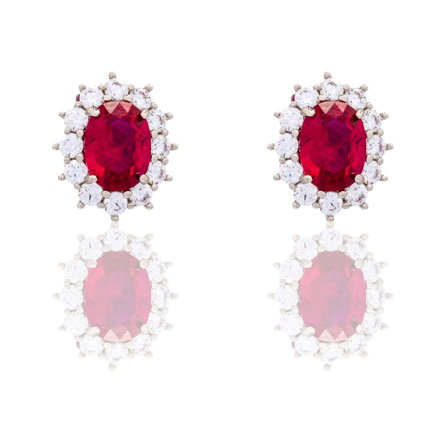 Orecchini Oro Bianco Oro 18 carati Modello Kate Centro E Contorno Zirconi Bianchi, Zircone Rosso