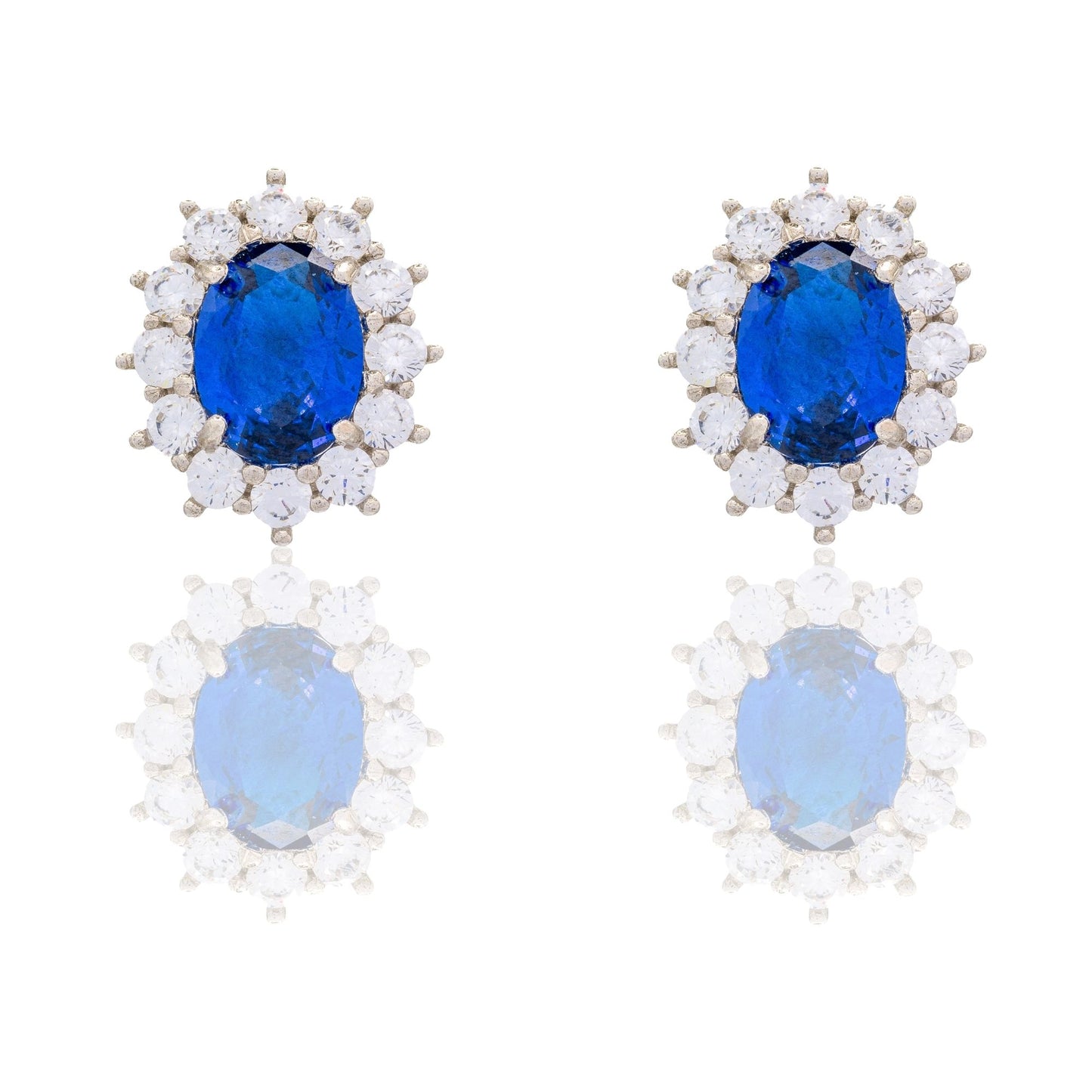 Orecchini Oro Bianco Oro 18 carati Modello Kate Centro E Contorno Zirconi Bianchi, Zircone Blu