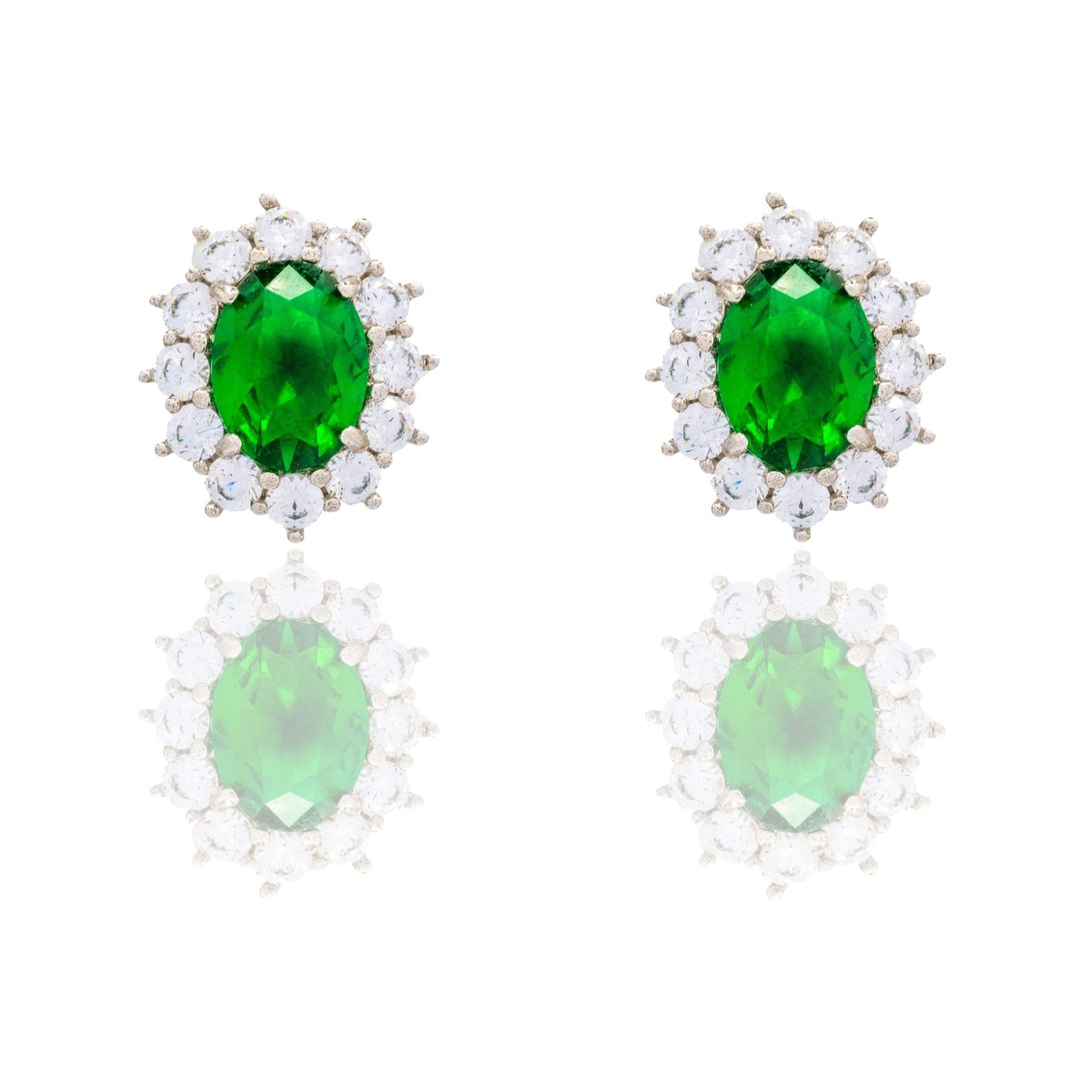 Orecchini Oro Bianco Oro 18 carati Modello Kate Centro E Contorno Zirconi Bianchi, Zircone Verde