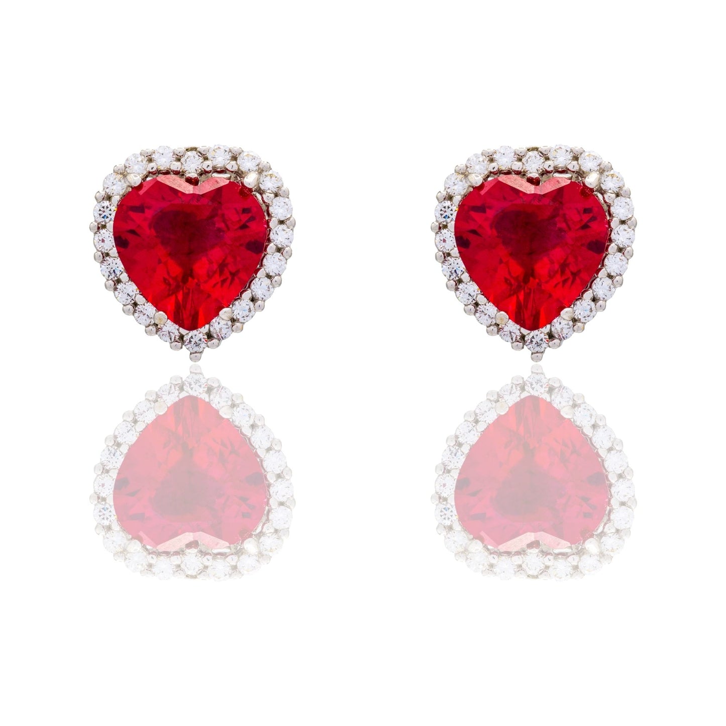 Orecchini Oro Bianco Oro 18 carati Cuore Centro E Contorno Zirconi Bianchi, Zircone Rosso