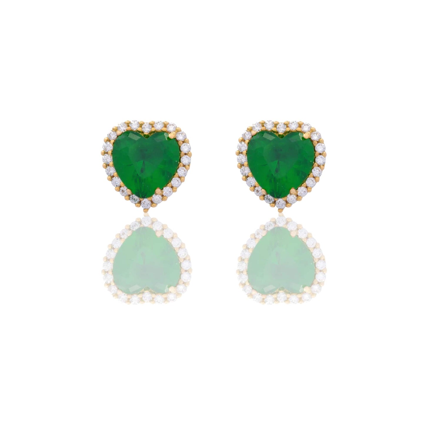 Orecchini Oro Giallo Oro 18 carati Cuore Centro E Contorno Zirconi Bianchi, Zircone Verde
