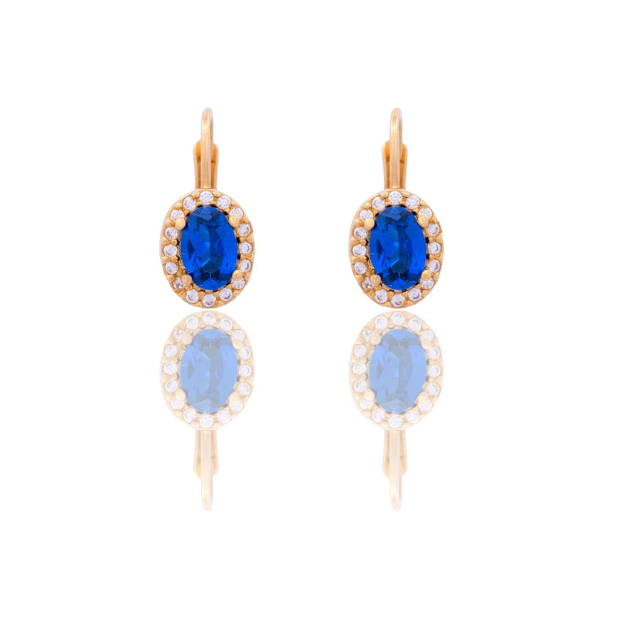 Orecchini Oro Giallo Oro 18 carati Modello Kate Centro E Contorno Zirconi Bianchi, Zircone Blu