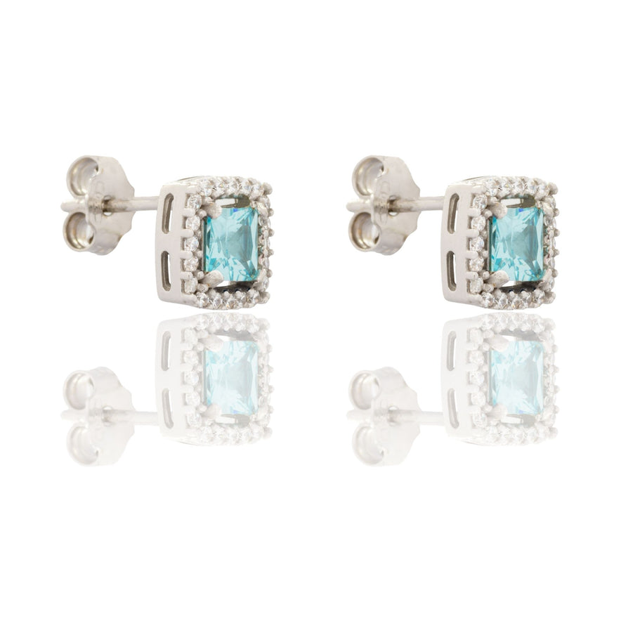 Orecchini Oro Bianco Oro 18 carati Quadrati Centro E Contorno Pavè Zirconi bianchi, Zircone Azzurro