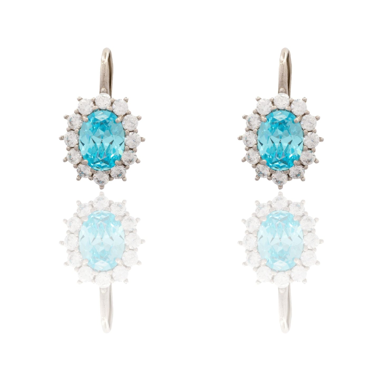 Orecchini Oro Bianco Oro 18 carati Modello Kate Centro E Contorno Zirconi Bianchi, Zircone Azzurro