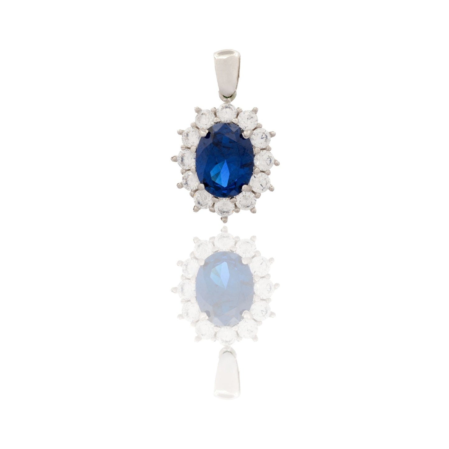 Ciondolo Oro Bianco Oro 18 carati Modello Kate Centro E Contorno Zirconi Bianchi, Zircone Blu cm.1,8