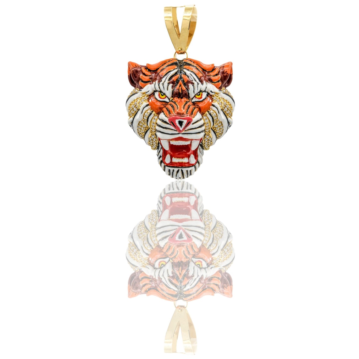 Ciondolo Oro Giallo Oro 18 carati Testa Di Tigre Zirconi Bianchi, Smalto Giallo