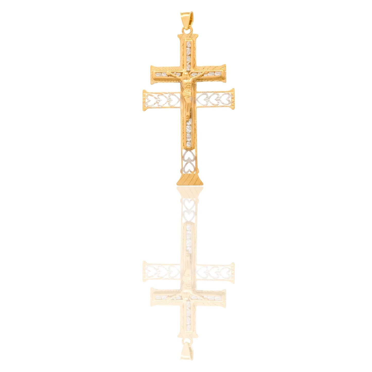Ciondolo Oro Giallo Oro Bianco Oro 18 carati Croce Con Cristo Doppia Asta Zirconi Bianchi