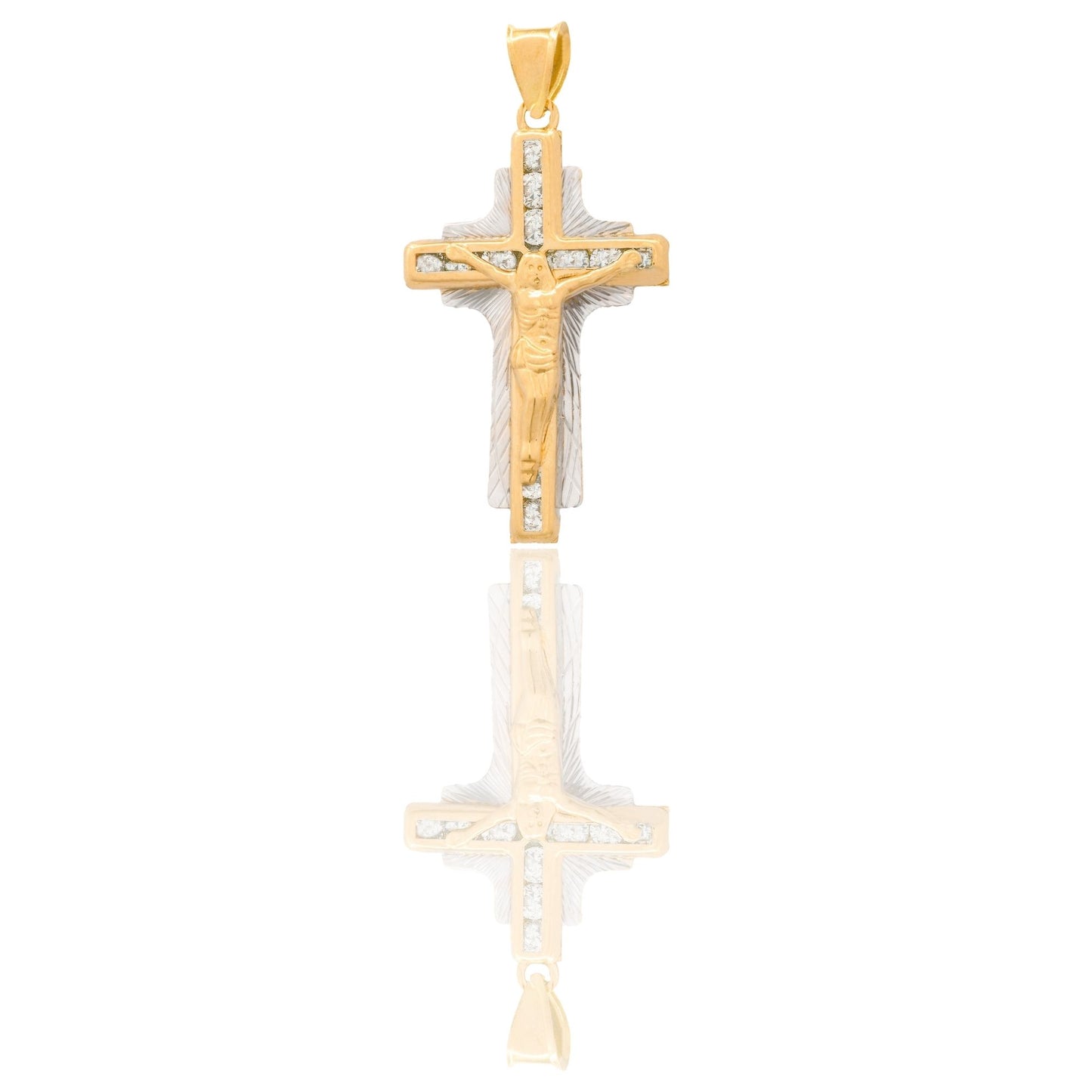 Ciondolo Oro Giallo Oro Bianco Oro 18 carati Croce Con Cristo Zirconi Bianchi