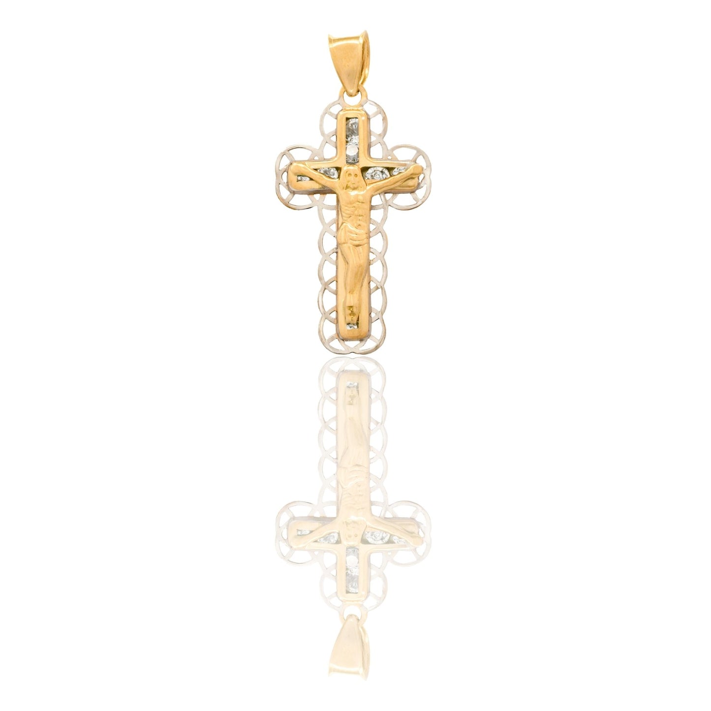 Ciondolo Oro Giallo Oro Bianco Oro 18 carati Croce Con Cristo Contorno Merletto Zirconi Bianchi