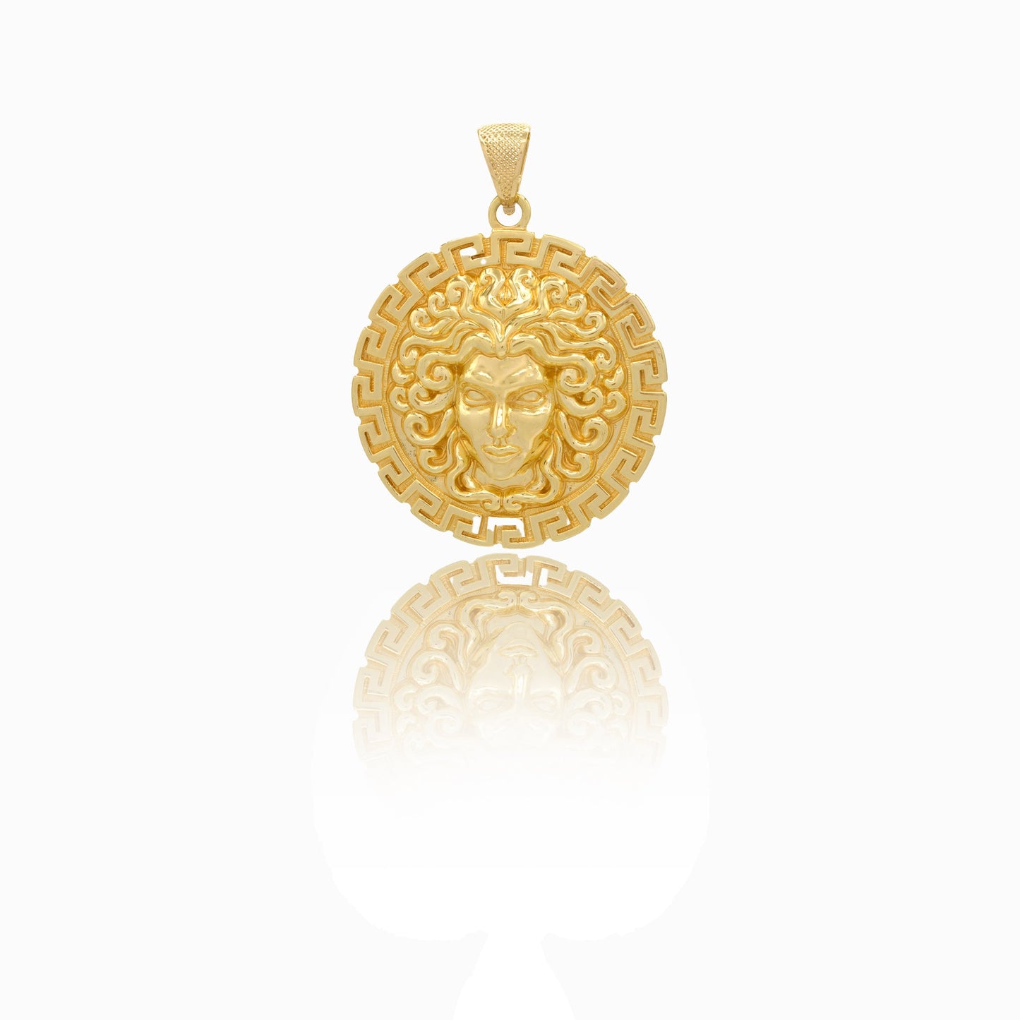 Ciondolo Oro Giallo Oro 18 carati Tondo Medusa Con Greca Solo Oro