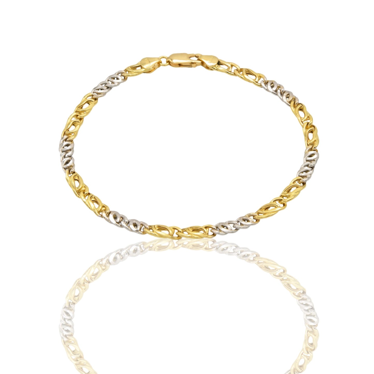 Bracciale Oro Giallo, Oro Bianco Oro 18 carati Catena Maglie Intrecciate Alternate Solo Oro cm. 21,5