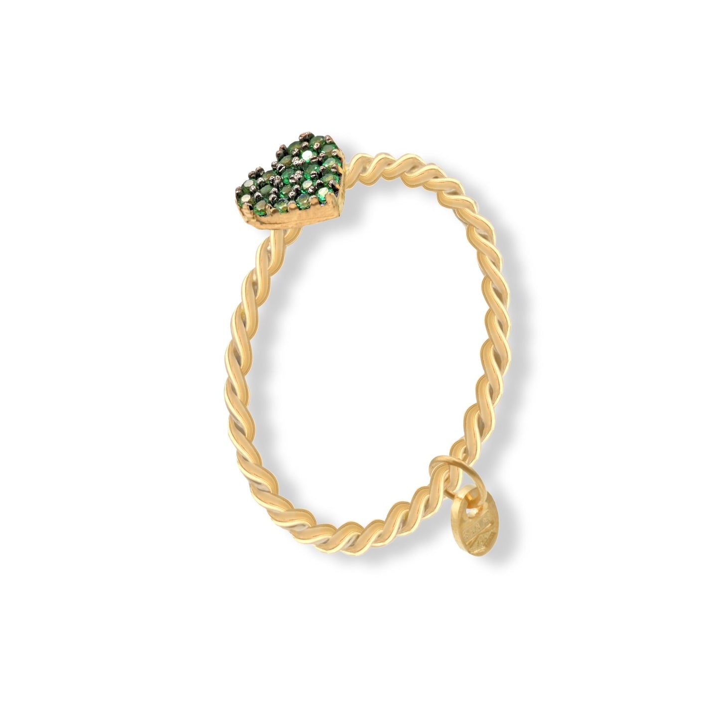 Anello Oro Giallo Oro 18 carati Gambo Intrecciato Cuore Zirconi Verdi spessore gambo 1,6 mm , spessore pietra 5,6