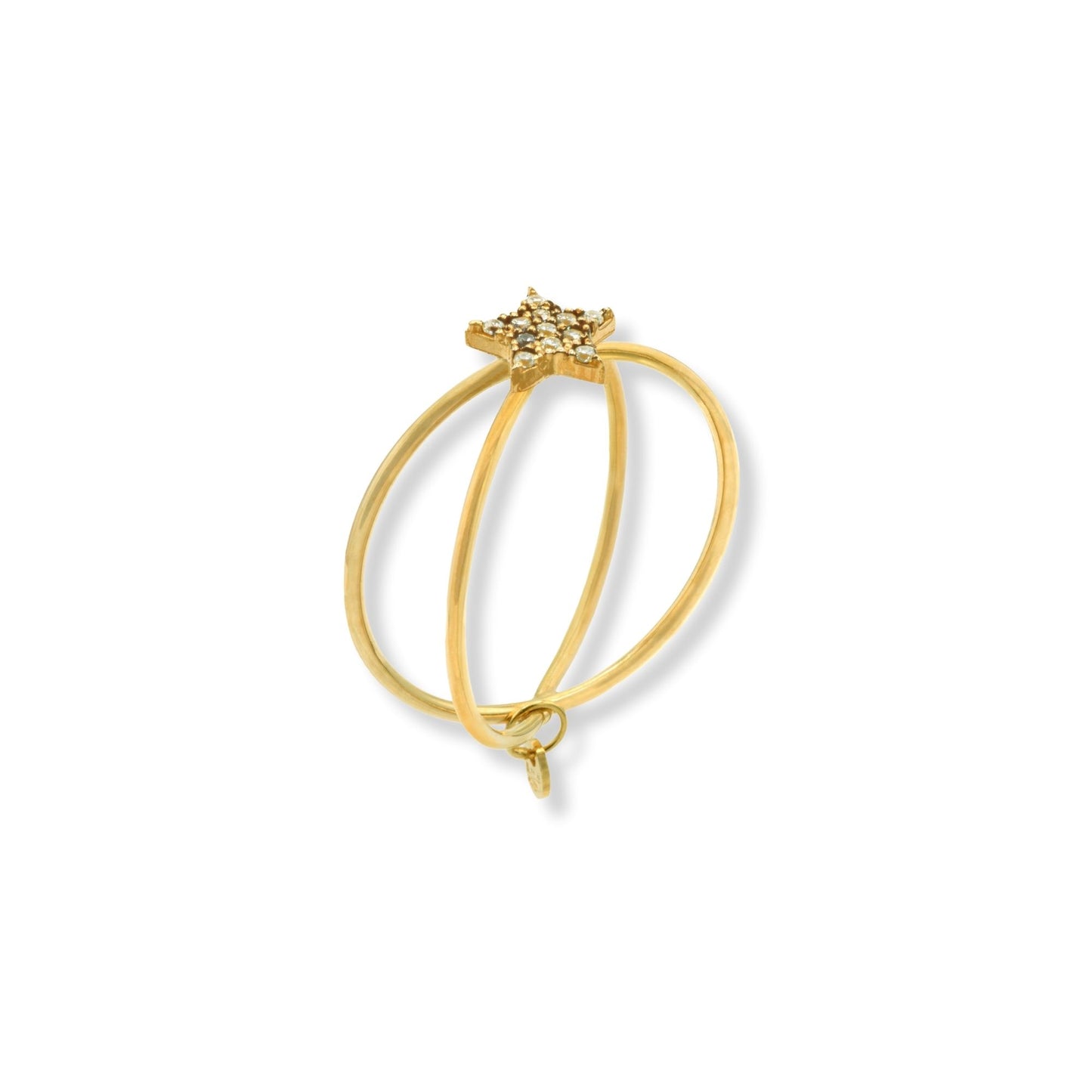 Anello Oro Giallo Oro 18 carati Doppio Gambo Intrecciato Stella Zirconi Bianchi spessore gambo 1,7 mm , spessore pietra 6,4, larghezza laterale 6