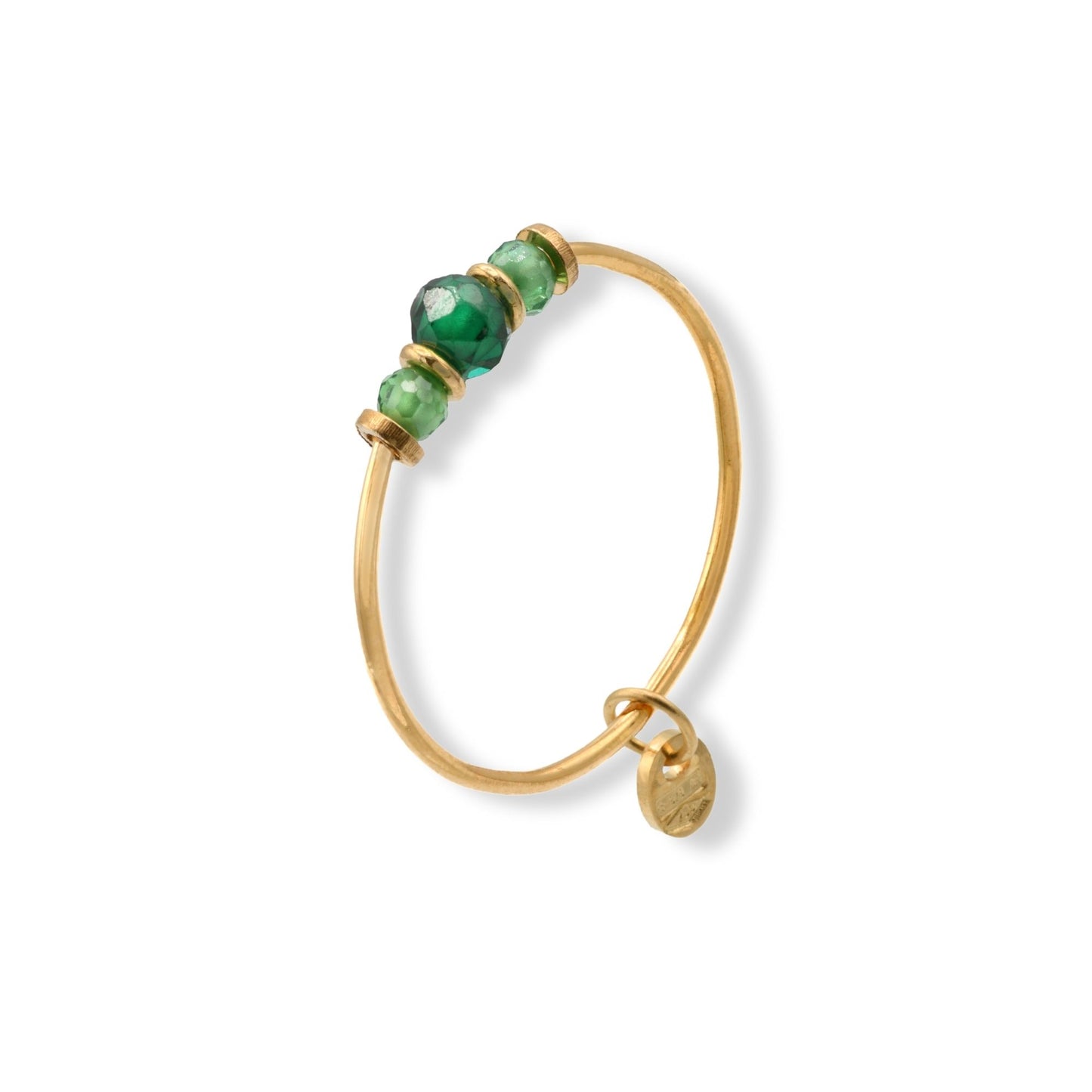 Anello Oro Giallo Oro 18 carati Perline Pietre Verdi spessore gambo 0,7 mm , spessore pietra 3,2