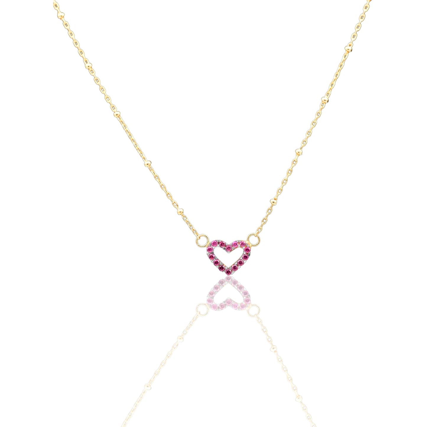 Collana Oro Giallo Oro 18 carati Catenina Pallinata Sagoma Cuore Pave' Zirconi Rossi cm.43