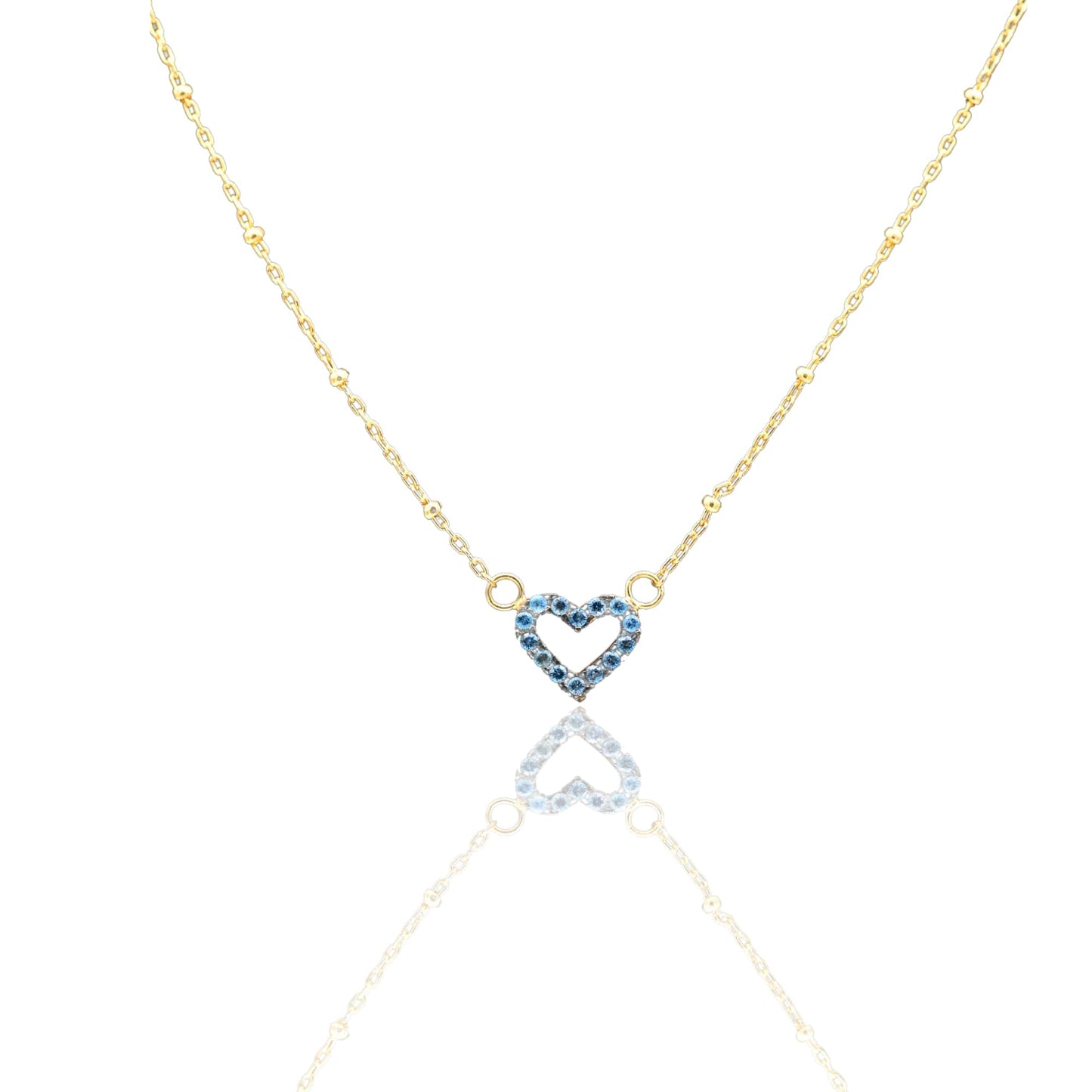 Collana Oro Giallo Oro 18 carati Catenina Pallinata Sagoma Cuore Pave' Zirconi blu cm.43