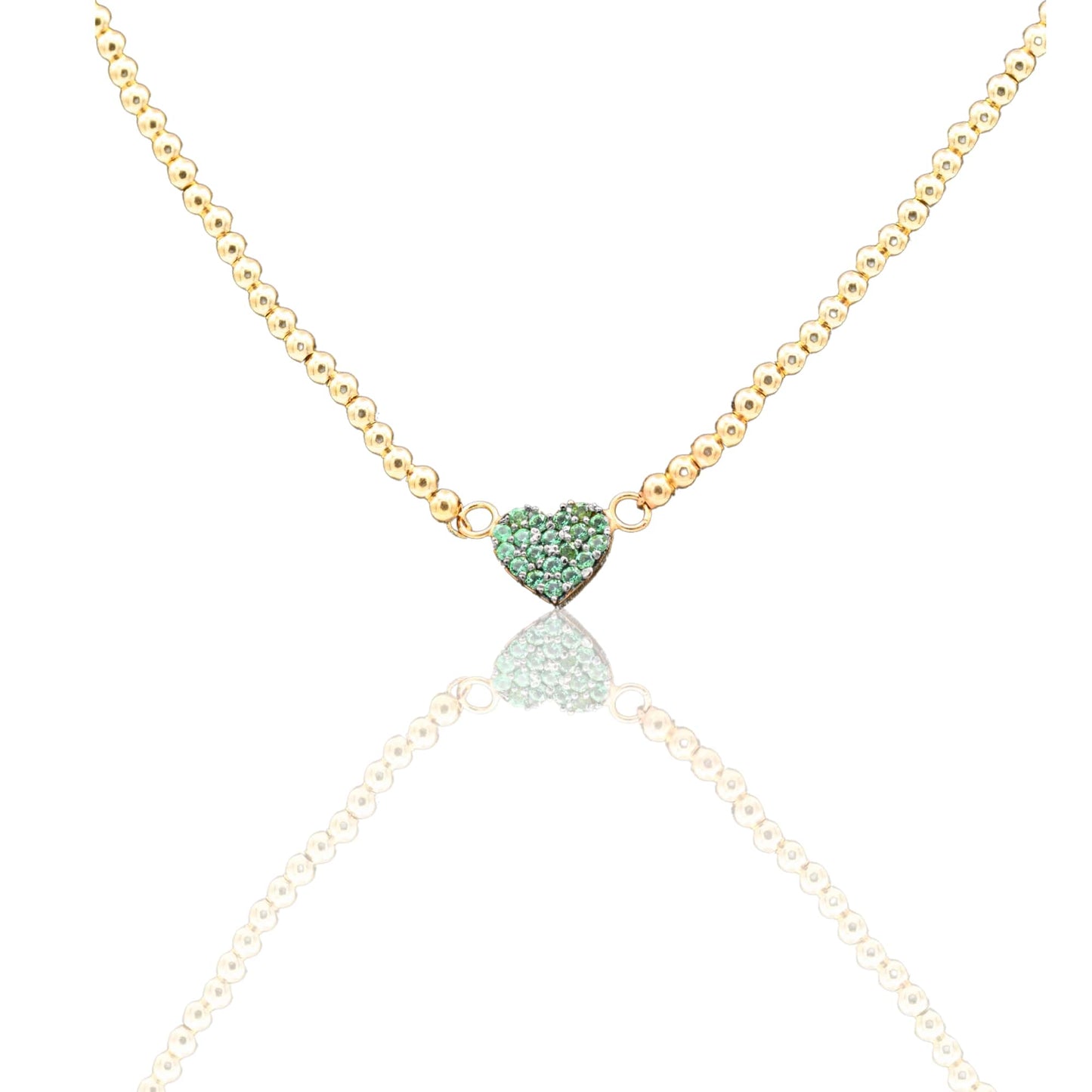 Collana Oro Giallo Oro 18 carati Catenina Pallinata Cuore Pave' Zirconi Verdi cm.43