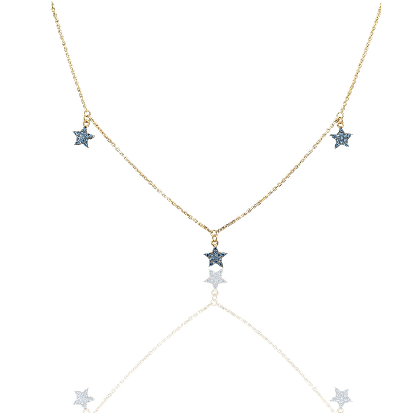 Collana Oro Giallo Oro 18 carati Catenina Rolò Stelle pendenti pavè Zirconi Blu cm.43