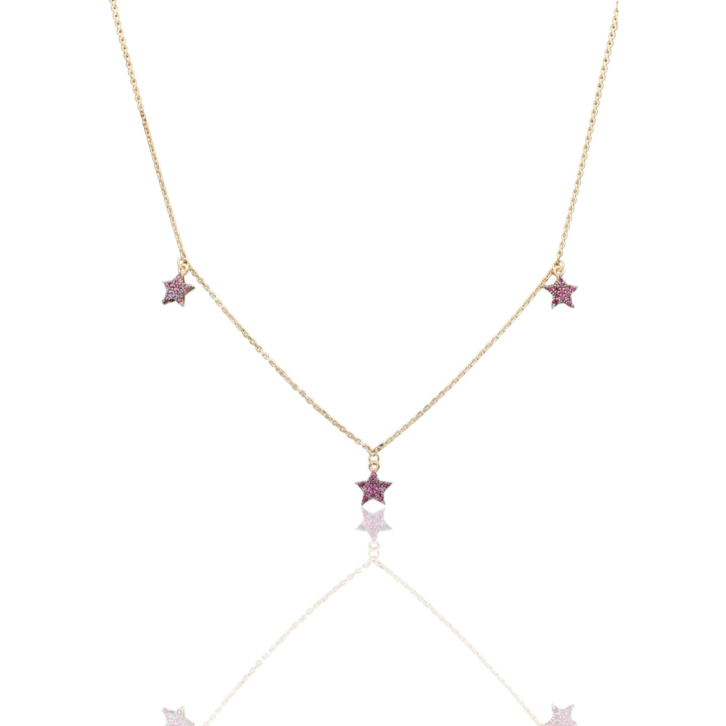 Collana Oro Giallo Oro 18 carati Catenina Rolò Stelle pendenti pavè Zirconi Rossi cm.43