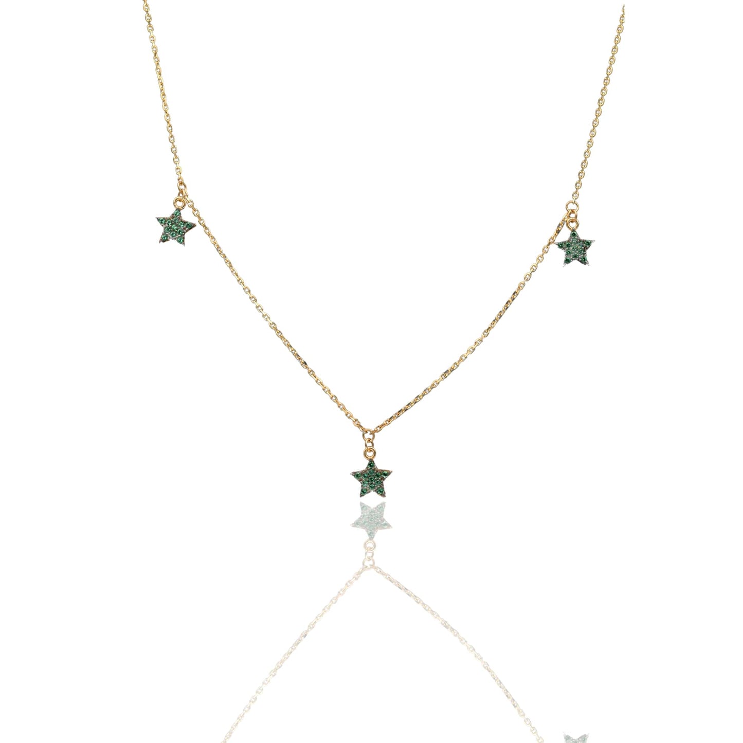 Collana Oro Giallo Oro 18 carati Catenina Rolò Stelle pendenti pavè Zirconi Verdi cm.43