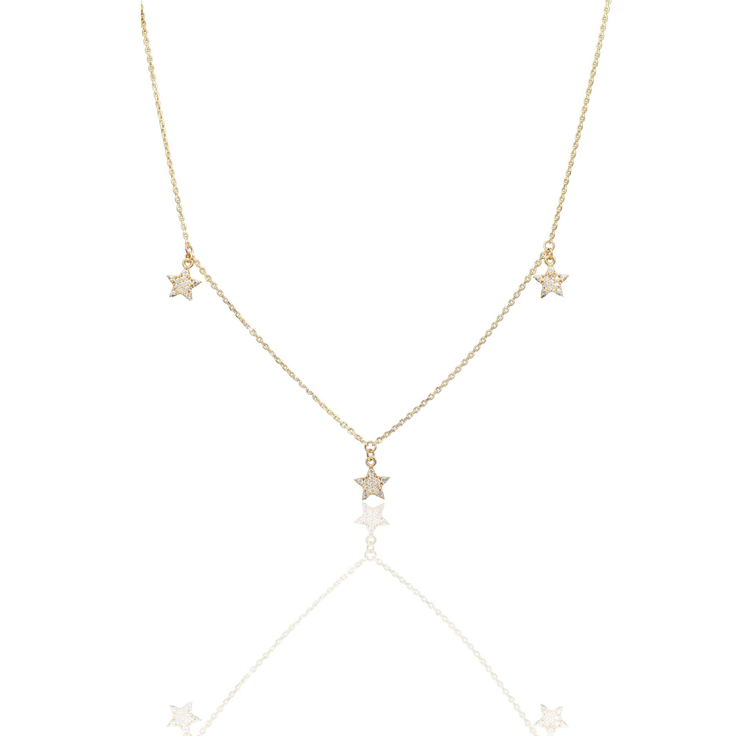 Collana Oro Giallo Oro 18 carati Catenina Rolò Stelle pendenti pavè Zirconi Bianchi cm.43