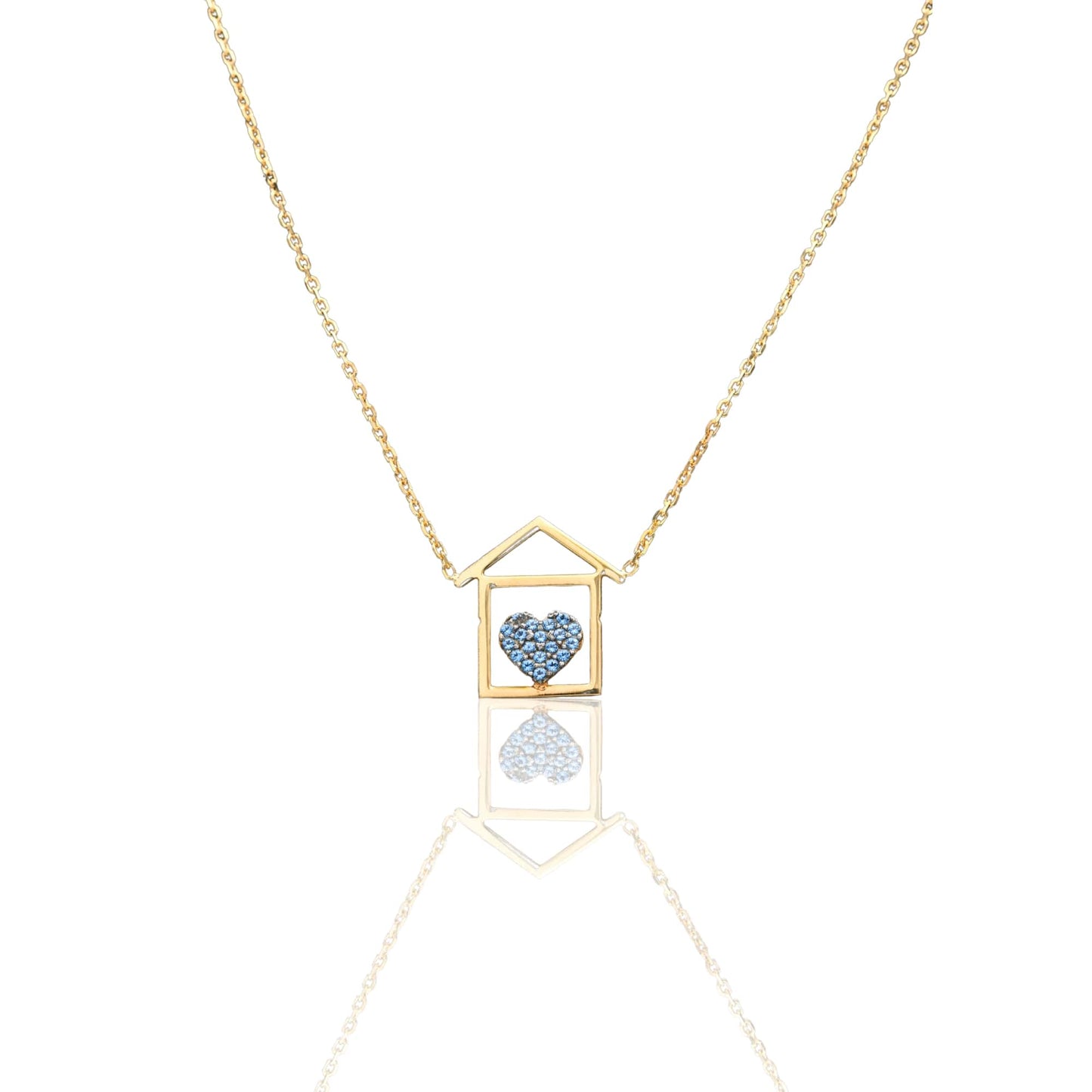 Collana Oro Giallo Oro 18 carati Catenina rolò Casetta cuore pavè Zirconi Blu cm.43