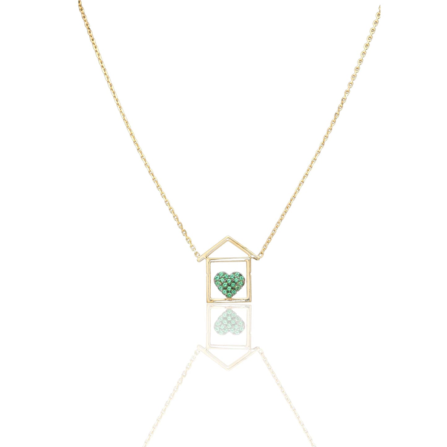 Collana Oro Giallo Oro 18 carati Catenina rolò Casetta cuore pavè Zirconi Verdi cm.43