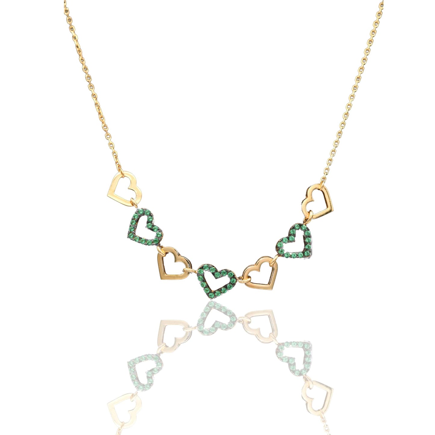 Collana Oro Giallo Oro 18 carati Catenina rolò Sagoma Cuori Alternati Zirconi Verdi cm.43