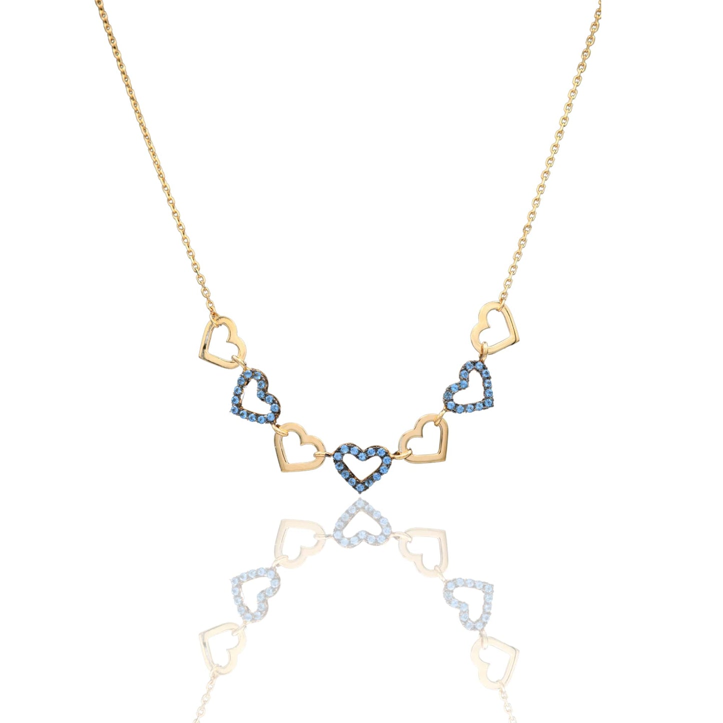 Collana Oro Giallo Oro 18 carati Catenina rolò Sagoma Cuori Alternati Zirconi Blu cm.43