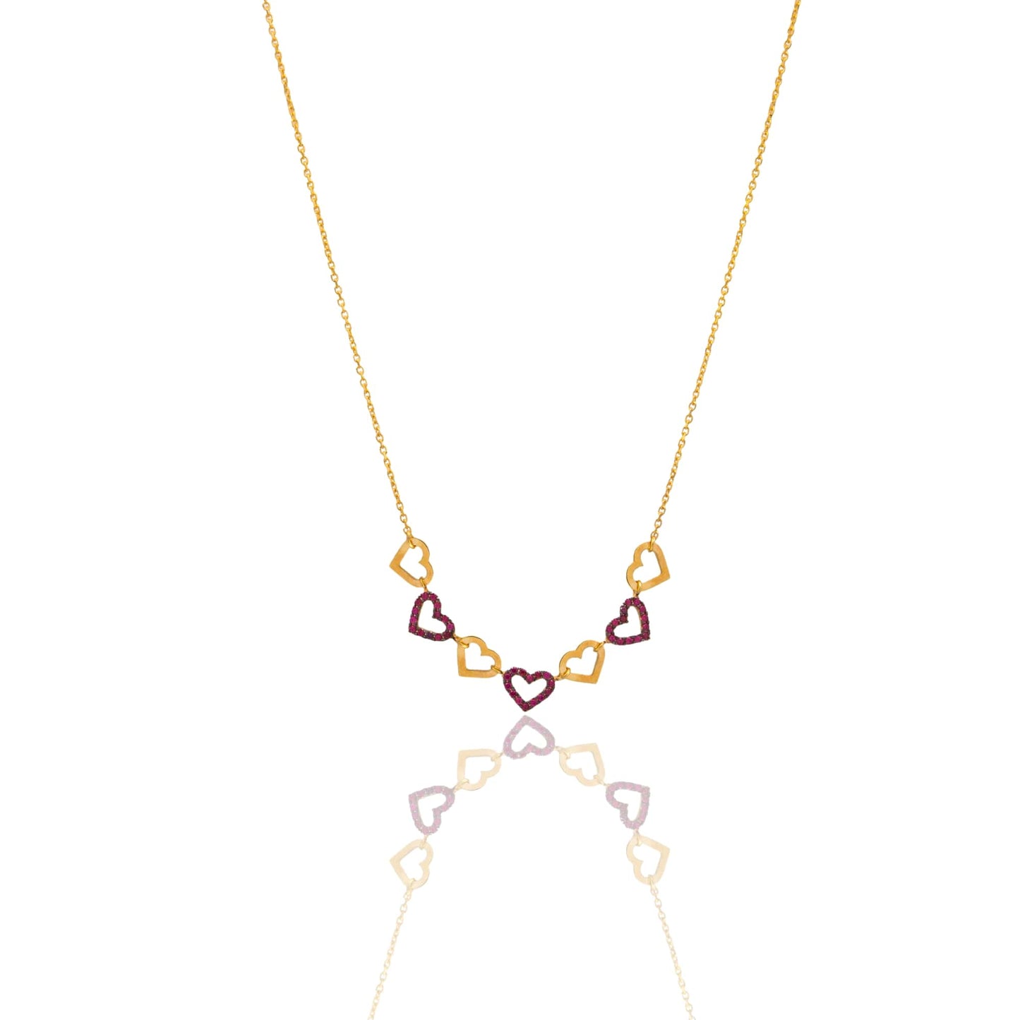 Collana Oro Giallo Oro 18 carati Catenina rolò Cuori Sagomati Zirconi fucsia cm.43