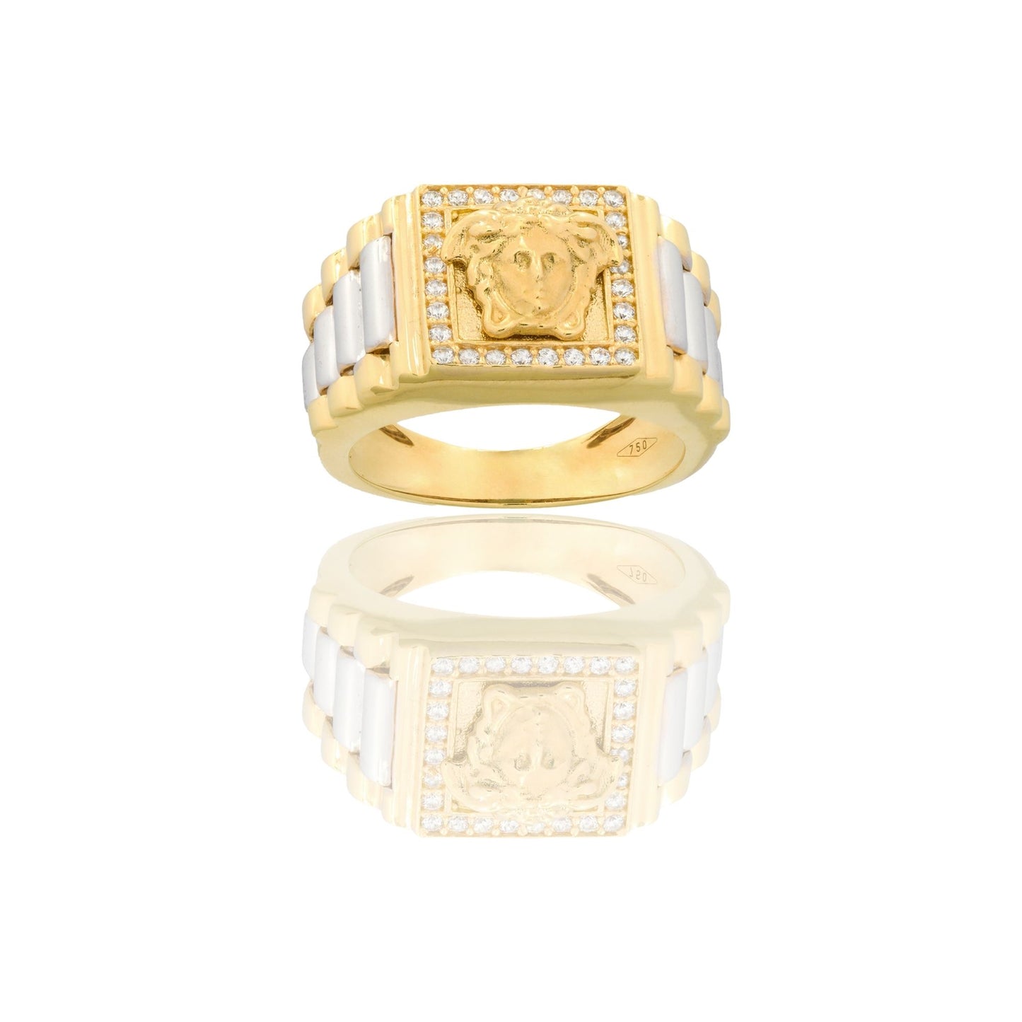 Anello Oro Giallo, Oro Bianco Oro 18 carati Quadrato Centro Medusa Zirconi Bianchi