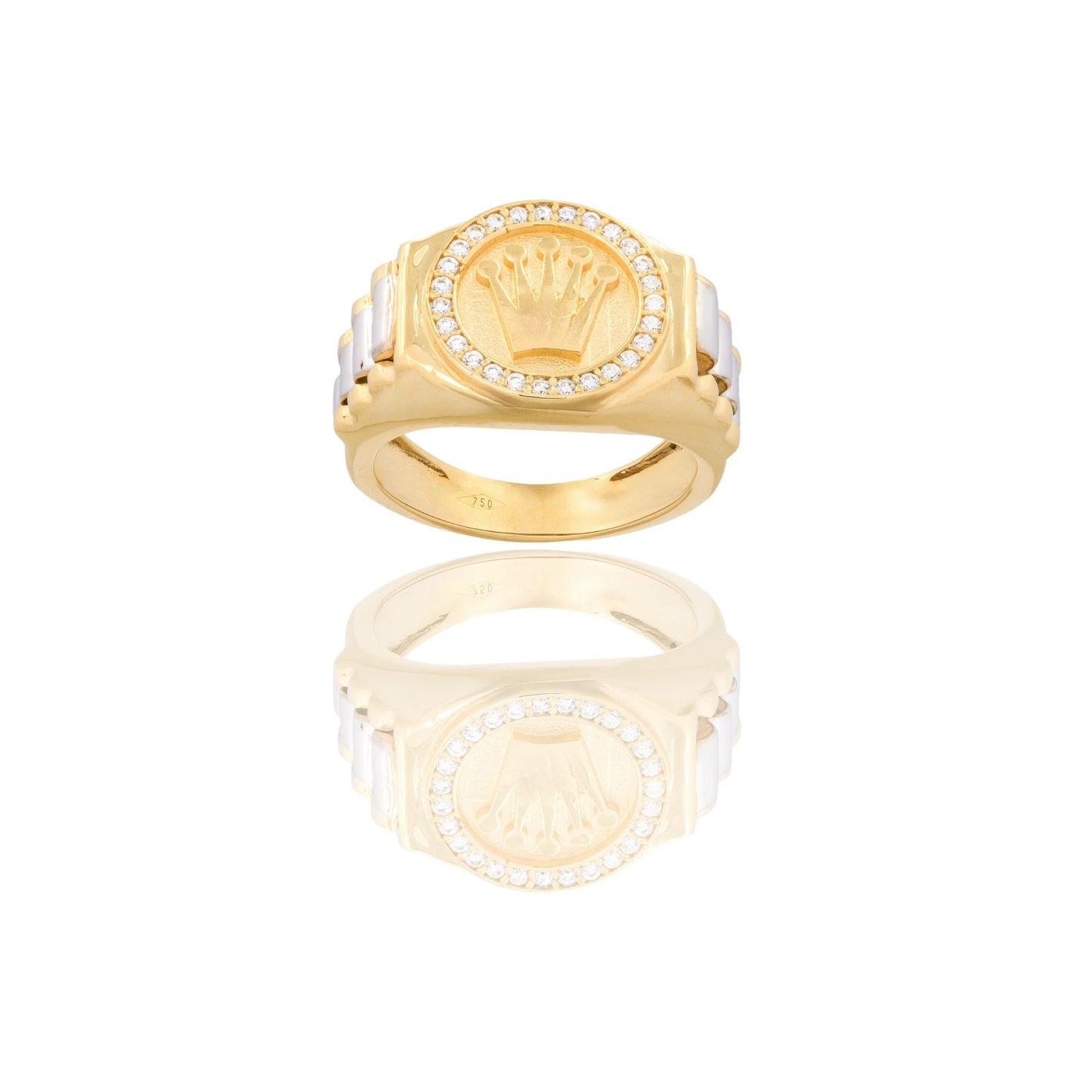 Anello Oro Giallo, Oro Bianco Oro 18 carati Scudo Tondo Con Corona Zirconi Bianchi
