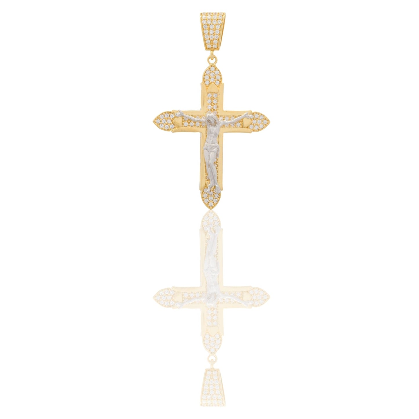 Ciondolo Oro Giallo, Oro Bianco Oro 18 carati Croce Appuntita Con Cristo Zirconi Bianchi