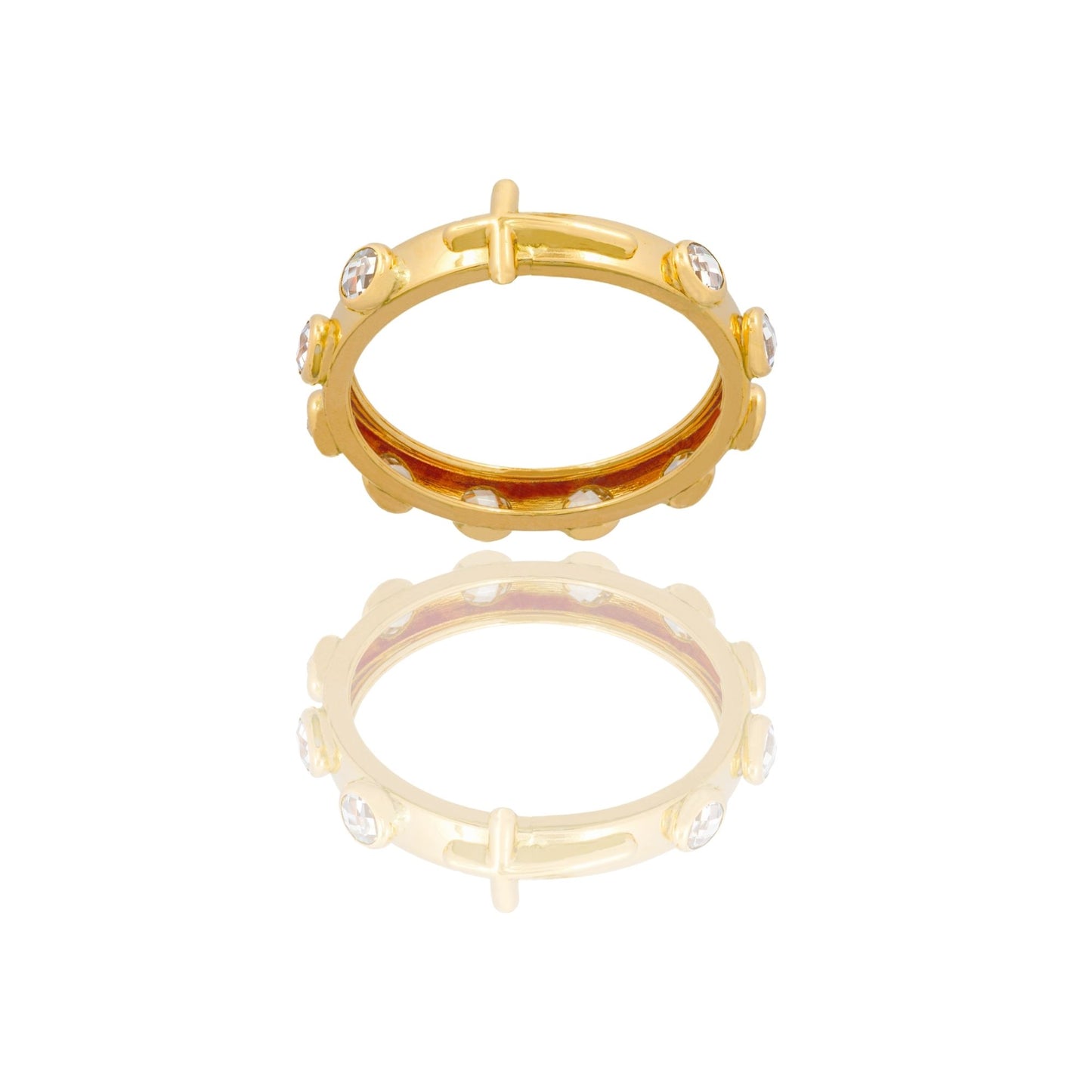 Anello Oro Giallo Oro 18 carati Rosario Con Croce Zirconi Bianchi spessore gambo 3,4 mm , spessore pietre 3,6