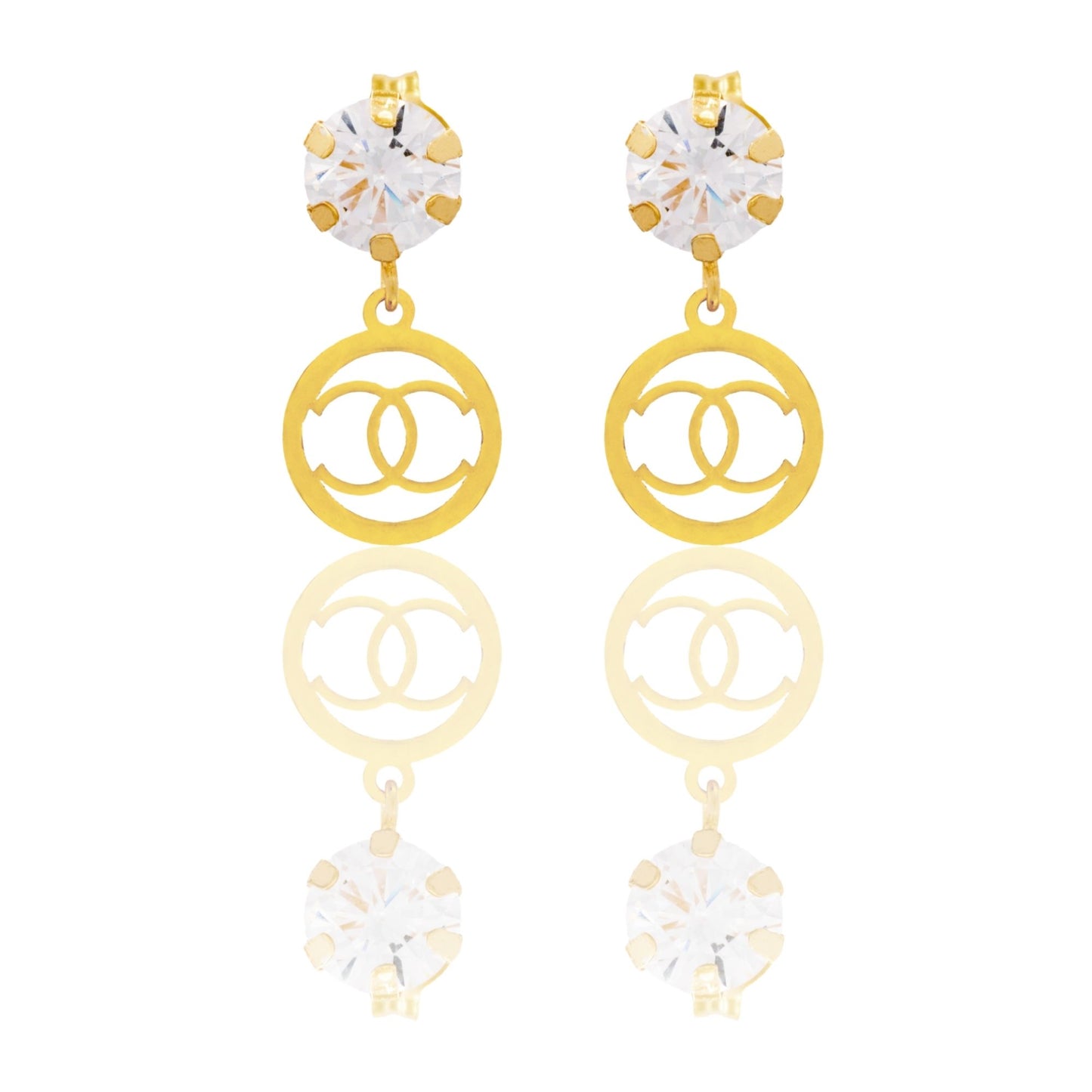 Orecchini Oro Giallo Oro 18 carati Punto Luce E Ciondolo Pendente Logo Zirconi Bianchi