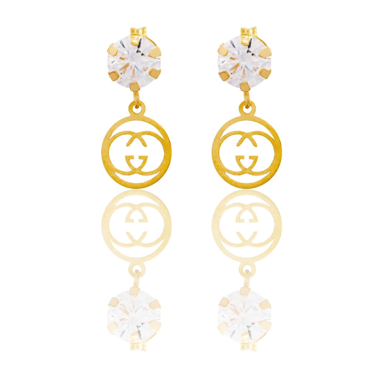 Orecchini Oro Giallo Oro 18 carati Punto Luce E Ciondolo Pendente Logo Zirconi Bianchi