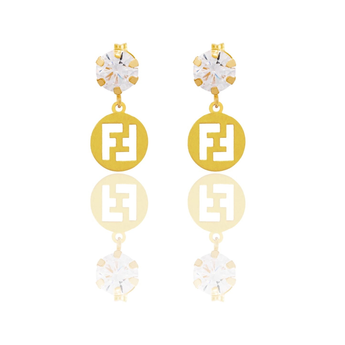 Orecchini Oro Giallo Oro 18 carati Punto Luce E Ciondolo Pendente Logo Zirconi Bianchi