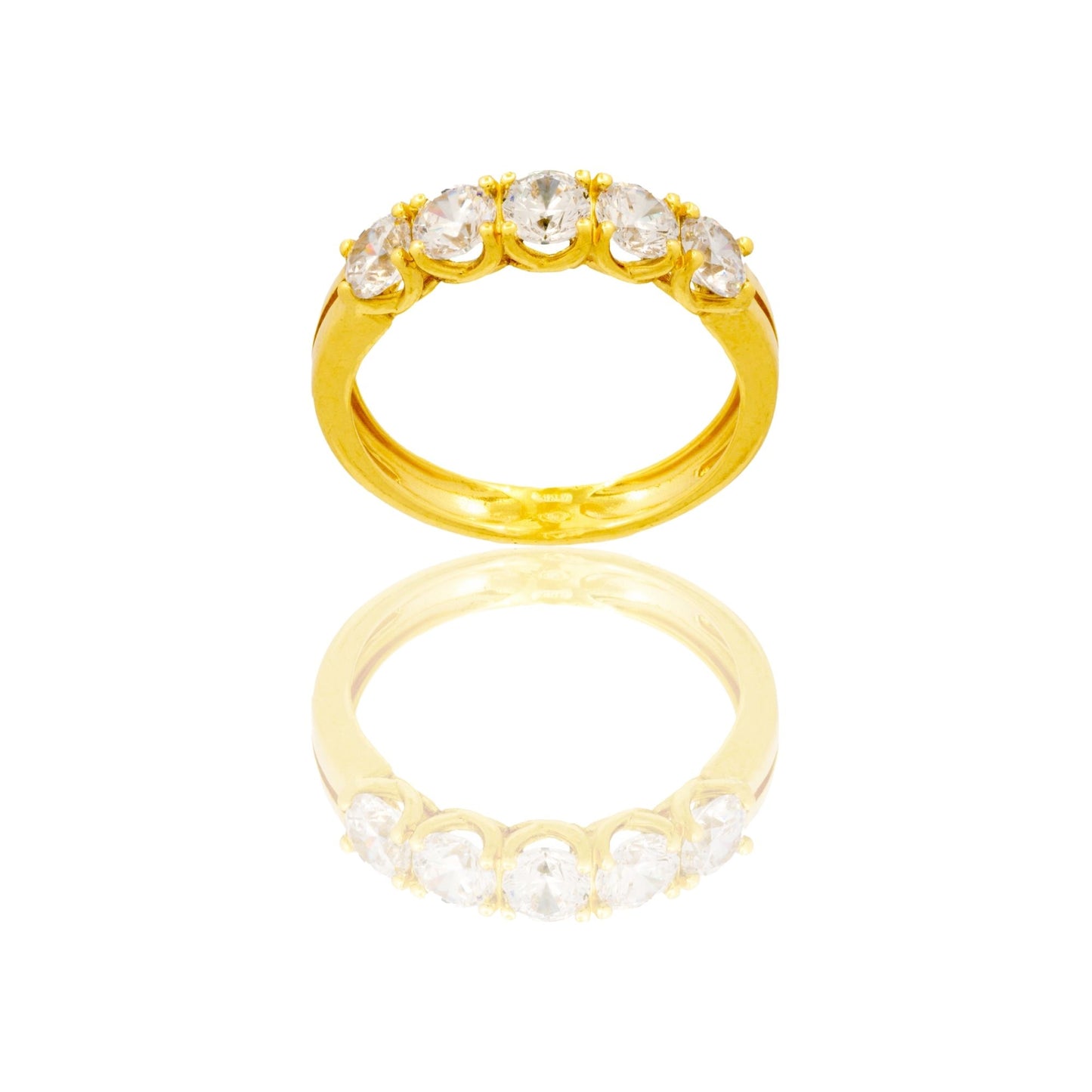 Anello Oro Giallo Oro 18 carati Veretta 5 Pietre Gambo Doppio Zirconi Bianchi spessore gambo 1,4 mm , spessore pietre 3,8