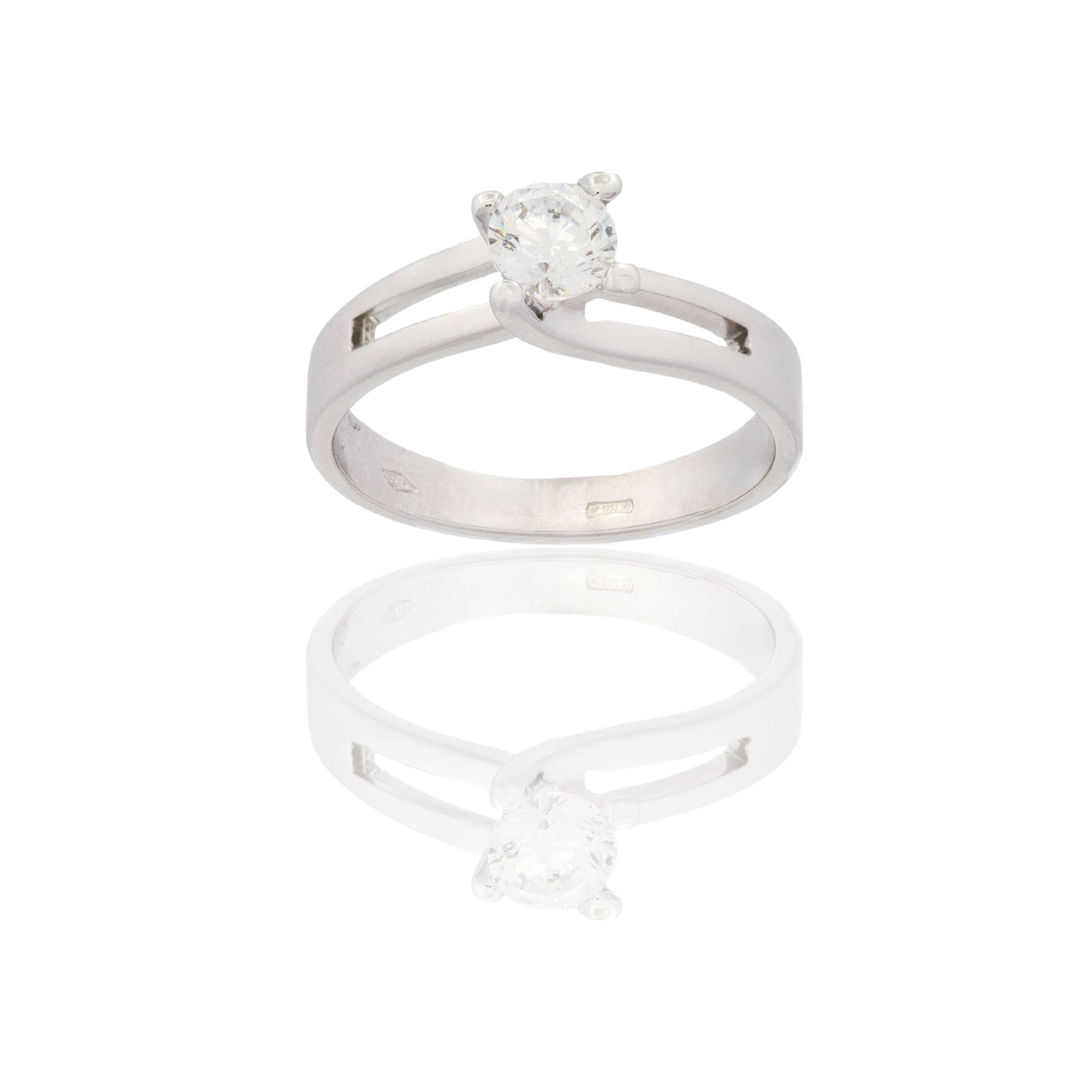Anello Oro Bianco Oro 18 carati Solitario Gambo Forato Zircone Bianco spessore gambo 1 mm , spessore pietre 5,6