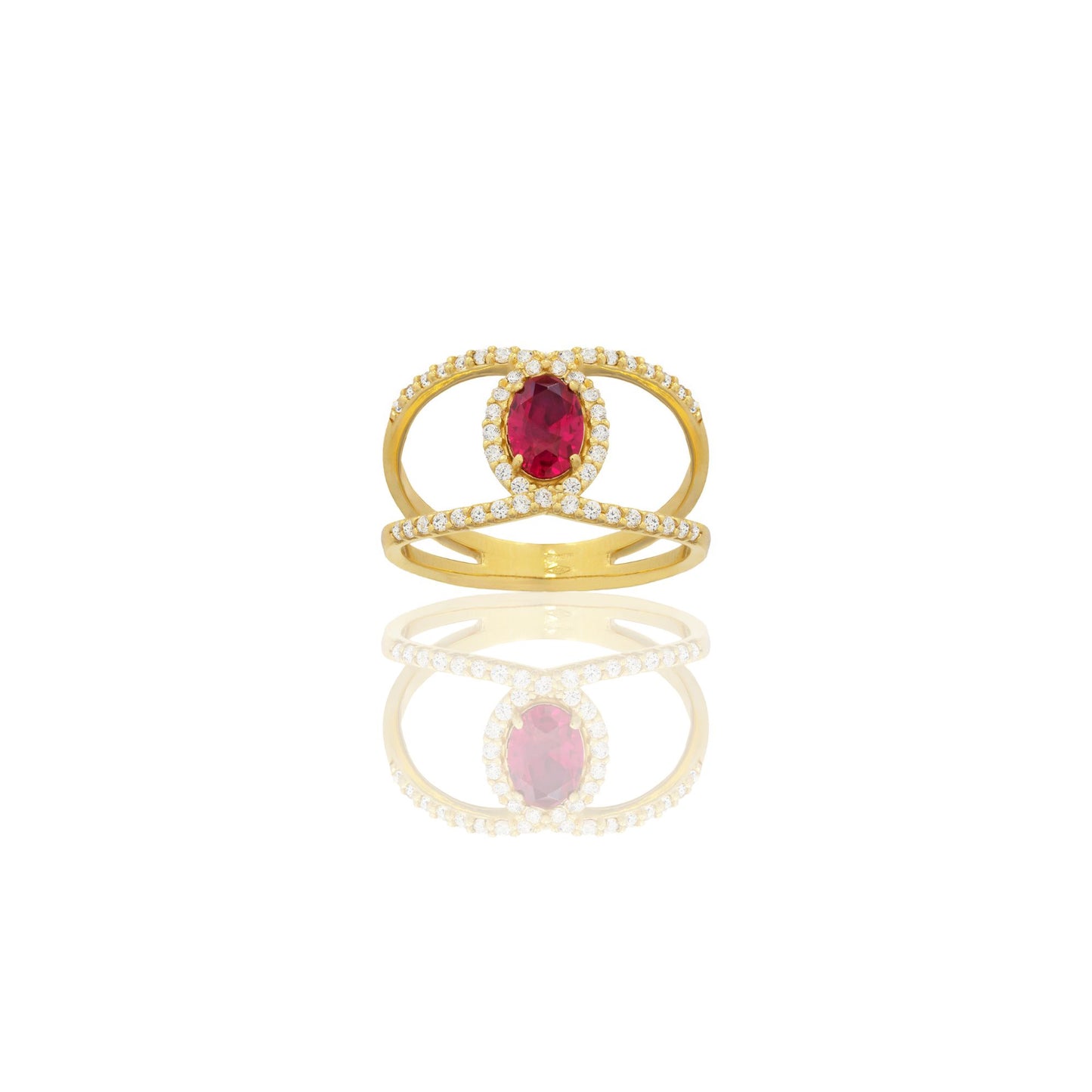 Anello Oro Giallo Oro 18 carati Fascia Vuota Con Pietra Centrale Ovale Zircone Rosso, Zirconi Bianchi spessore gambo 1,4 mm , spessore pietra 7x 5