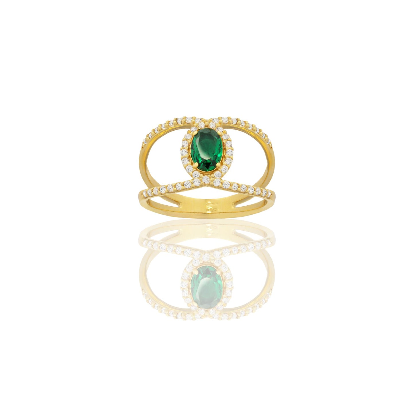 Anello Oro Giallo Oro 18 carati Fascia Vuota Con Pietra Centrale Ovale Zircone Verde, Zirconi Bianchi spessore gambo 1,4 mm , spessore pietra 7x 5