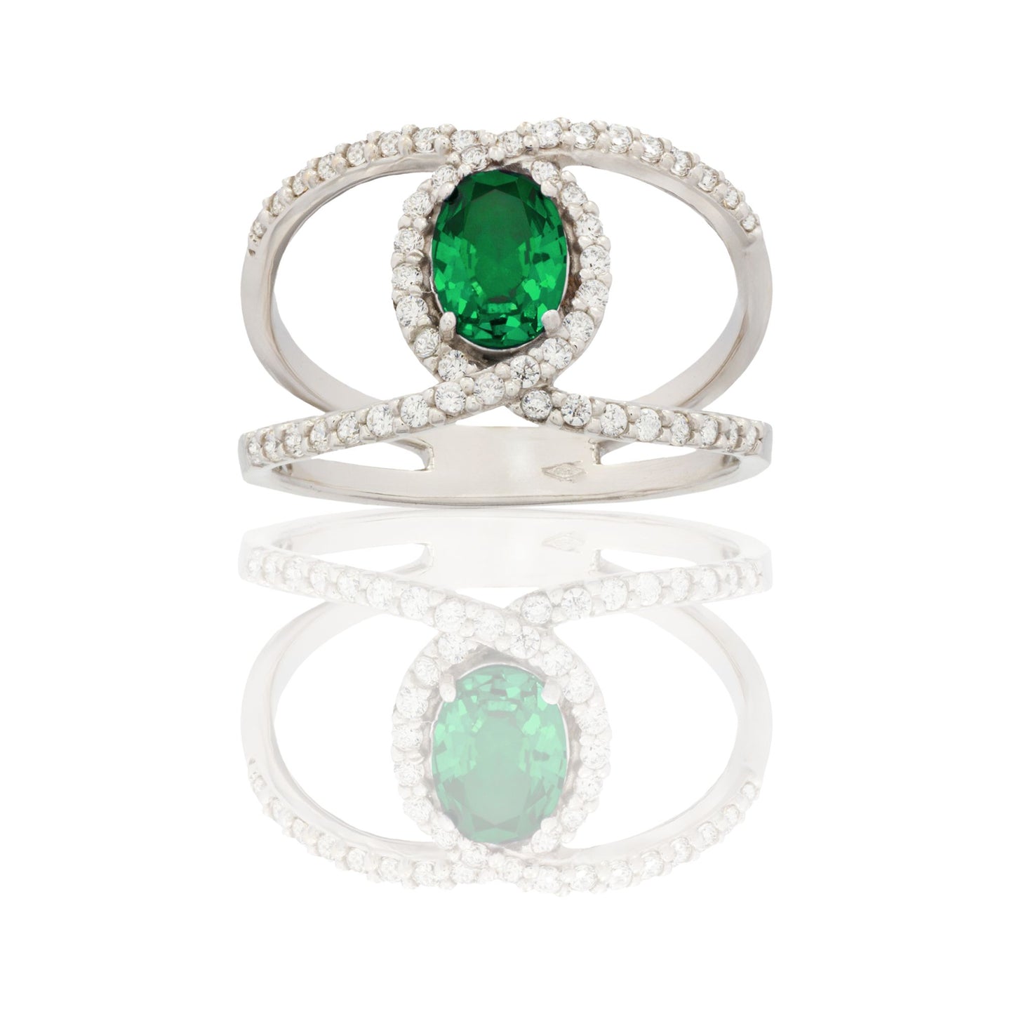 Anello Oro Bianco Oro 18 carati Fascia Vuota Con Pietra Centrale Ovale Zircone Verde, Zirconi Bianchi spessore gambo 1,4 mm , spessore pietra 7x 5