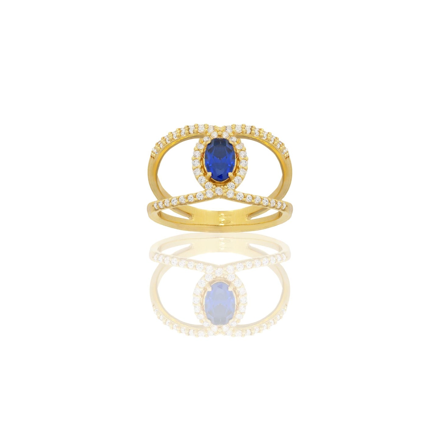 Anello Oro Giallo Oro 18 carati Fascia Vuota Con Pietra Centrale Ovale Zircone Blu, Zirconi Bianchi spessore gambo 1,4 mm , spessore pietra 7x 5