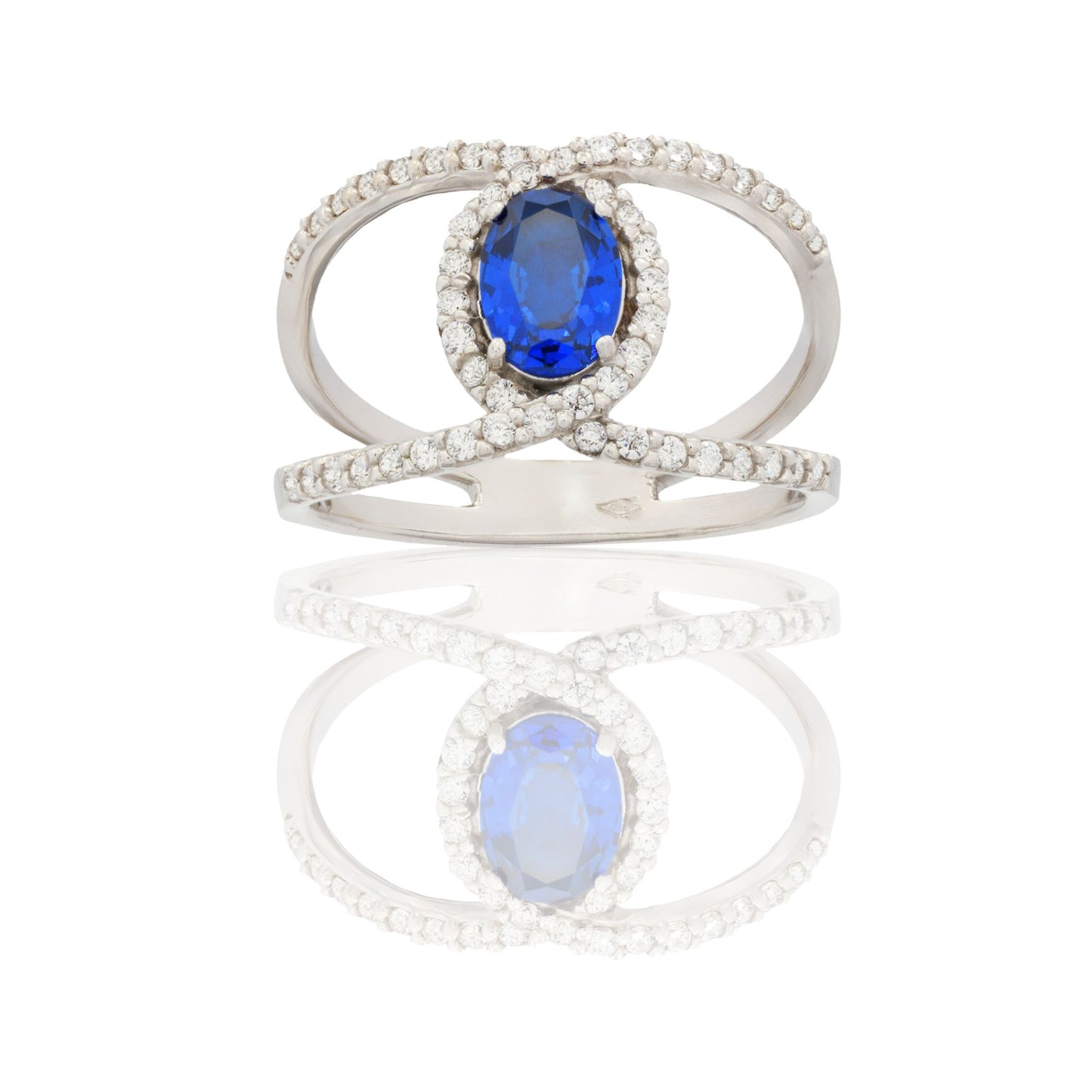Anello Oro Bianco Oro 18 carati Fascia Vuota Con Pietra Centrale Ovale Zircone Blu, Zirconi Bianchi spessore gambo 1,4 mm , spessore pietra 7x 5