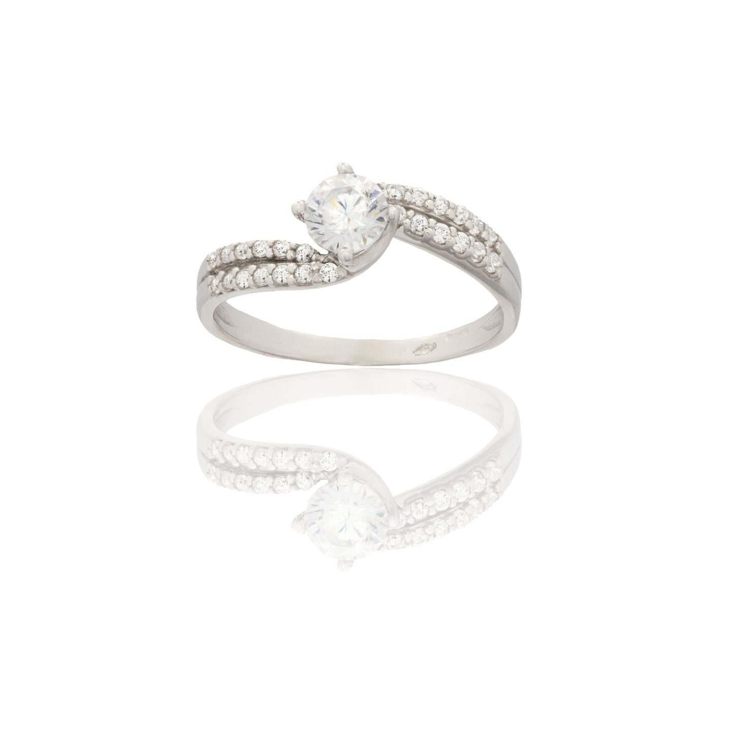 Anello Oro Bianco Oro 18 carati Solitario Doppio Gambo Zirconi Bianchi