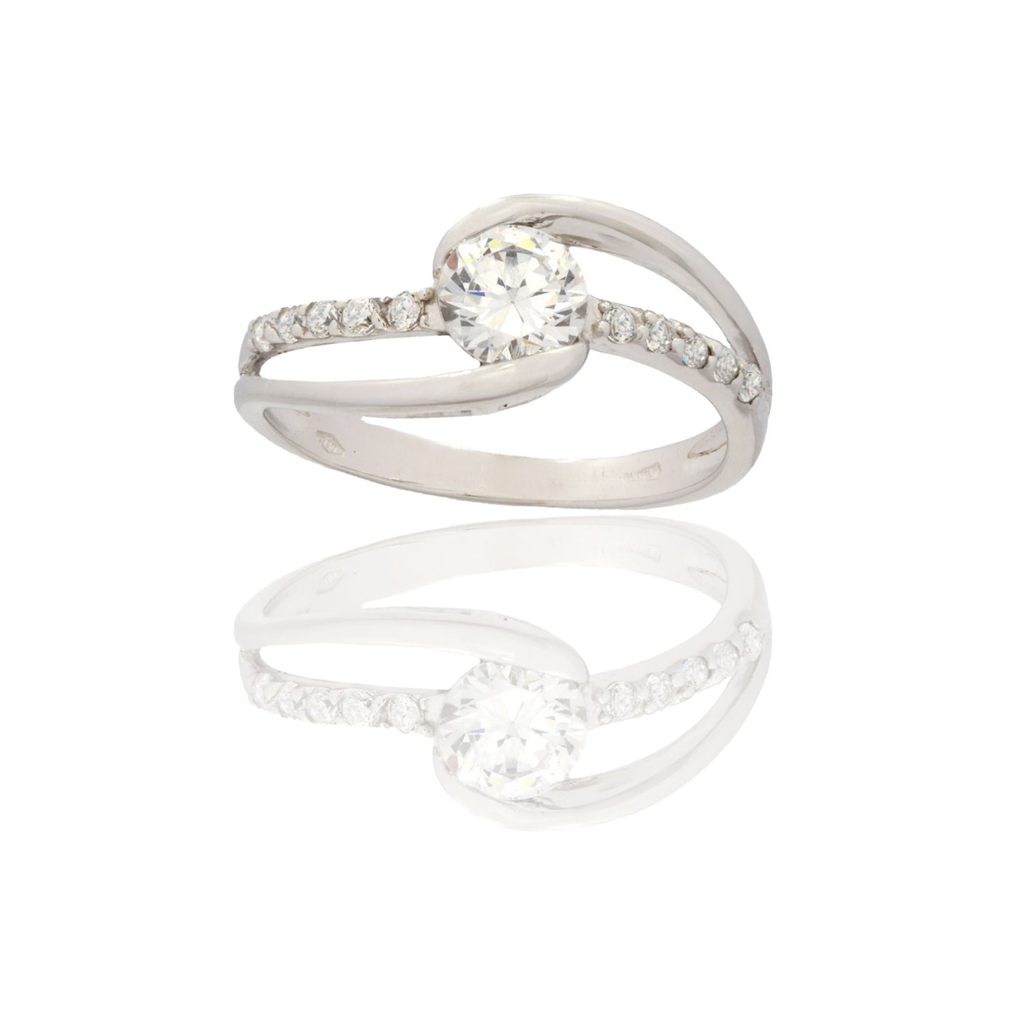 Anello Oro Bianco Oro 18 carati Solitario Doppio Gambo Zirconi Bianchi 15