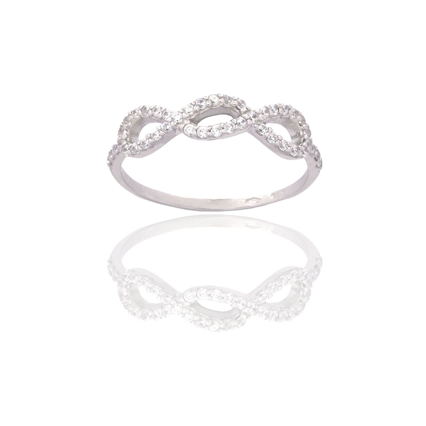 Anello Oro Bianco Oro 18 carati Simbolo Infinito Zirconi Bianchi spessore gambo 1,1 mm , spessore pietre 2,2