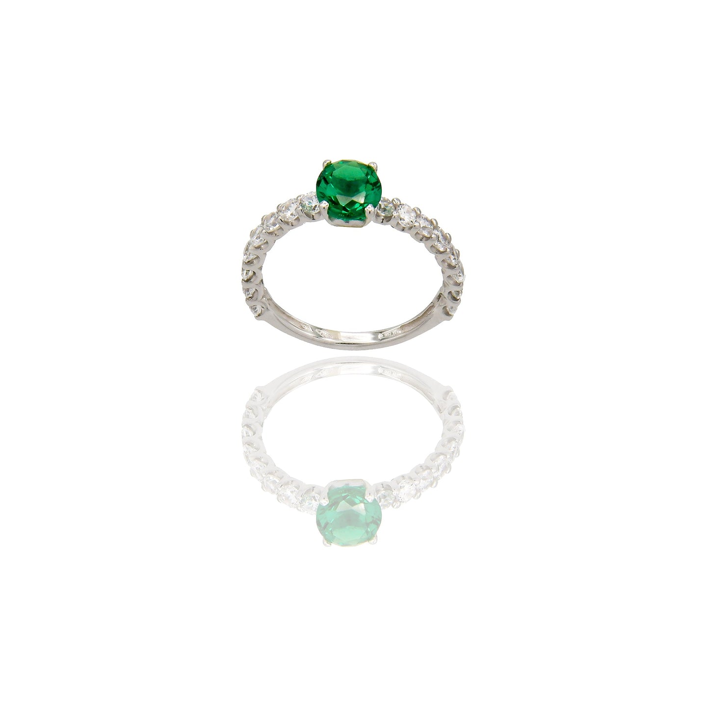 Anello Oro Bianco Oro 18 carati Mezza Veretta pietra centrale contorno pavè Zircone Verde bottiglia, Zirconi Bianchi Spessore pietra mm. 6 spessore pavè mm.2