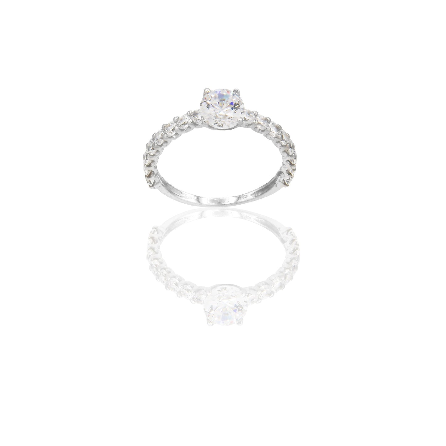 Anello Oro Bianco Oro 18 carati Mezza Veretta pietra centrale contorno pavè Zirconi Bianchi Spessore pietra mm. 6 spessore pavè mm.3